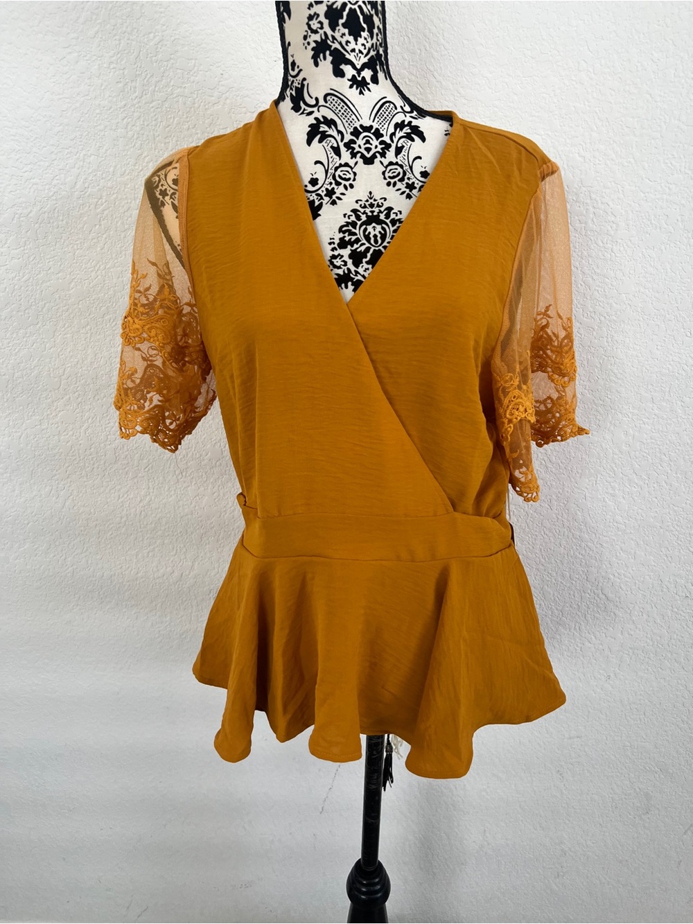 IRIS Mustard Lace Sleeve Wrap Peplum Blouse Top Size Large NWT